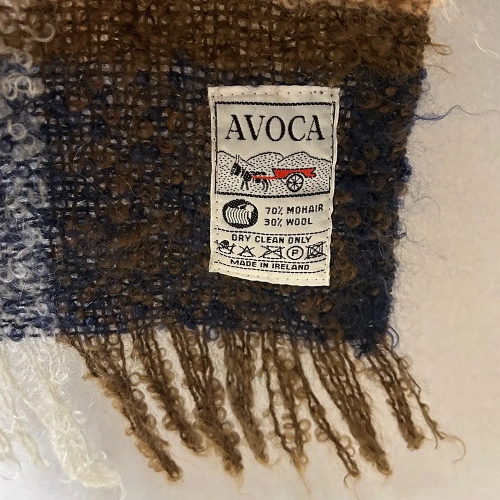 Dark Academia Avoca Womens OS Blue‎ Brown Mohair Wool Plaid Fringe Wrap Shawl